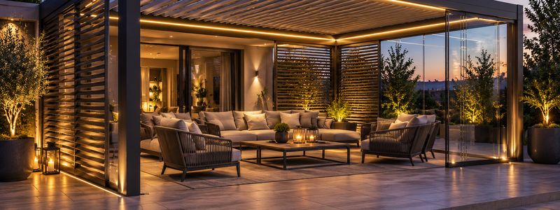 Bioklimatiskā pergola ar grozāmām lamelēm un LED apgaismojumu uz terases vakarā