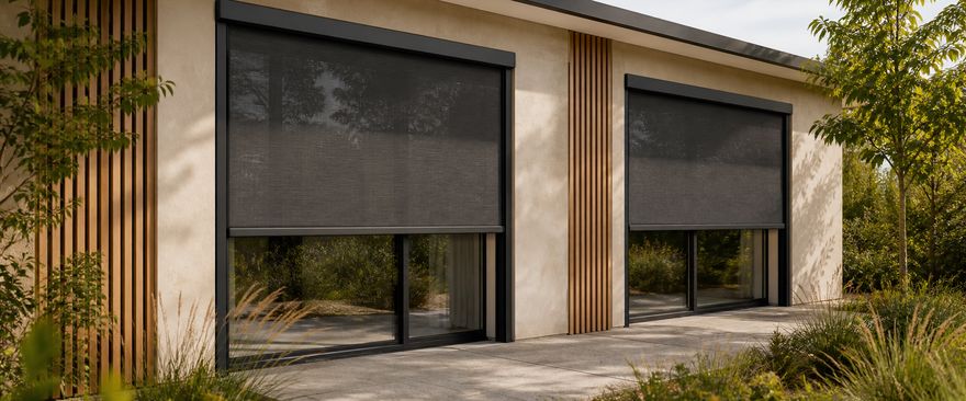 Āra fasādes žalūzijas SkyFlow uz modernas mājas logiem