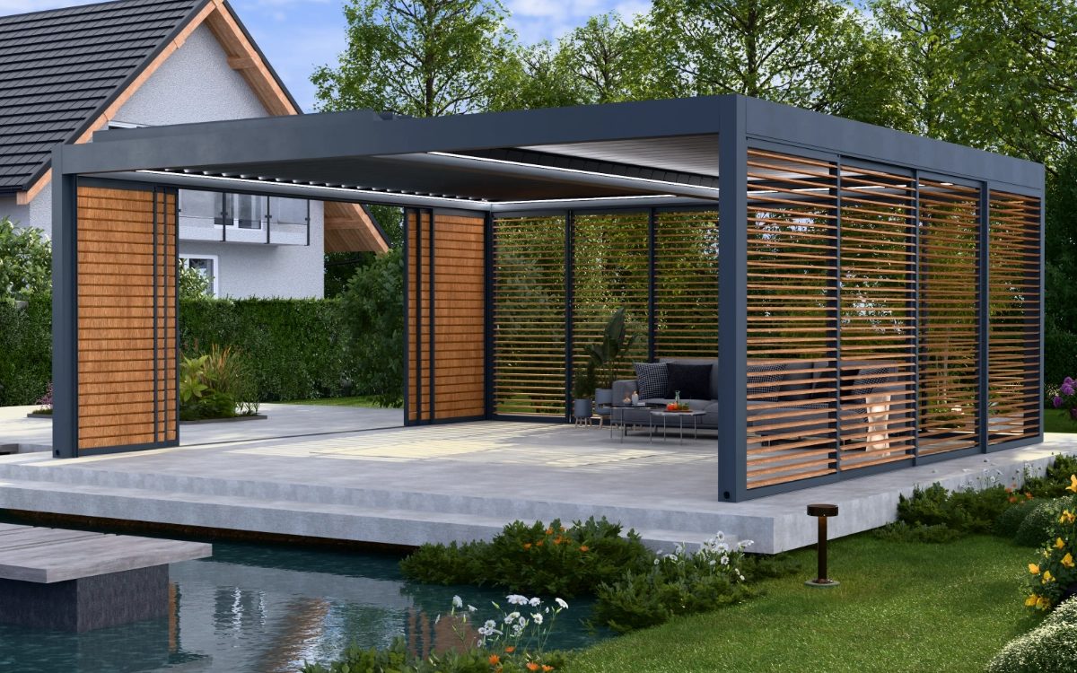 Sunwinner WIN CLIMATIC S500 pergola ar bīdāmiem ekrāniem un koka paneļiem terasē
