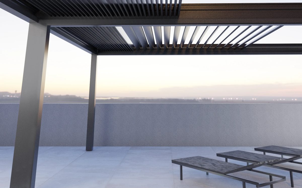Sunwinner WIN CLIMATIC SLIDE pergola — bīdāms lameļu jumts pār terasi