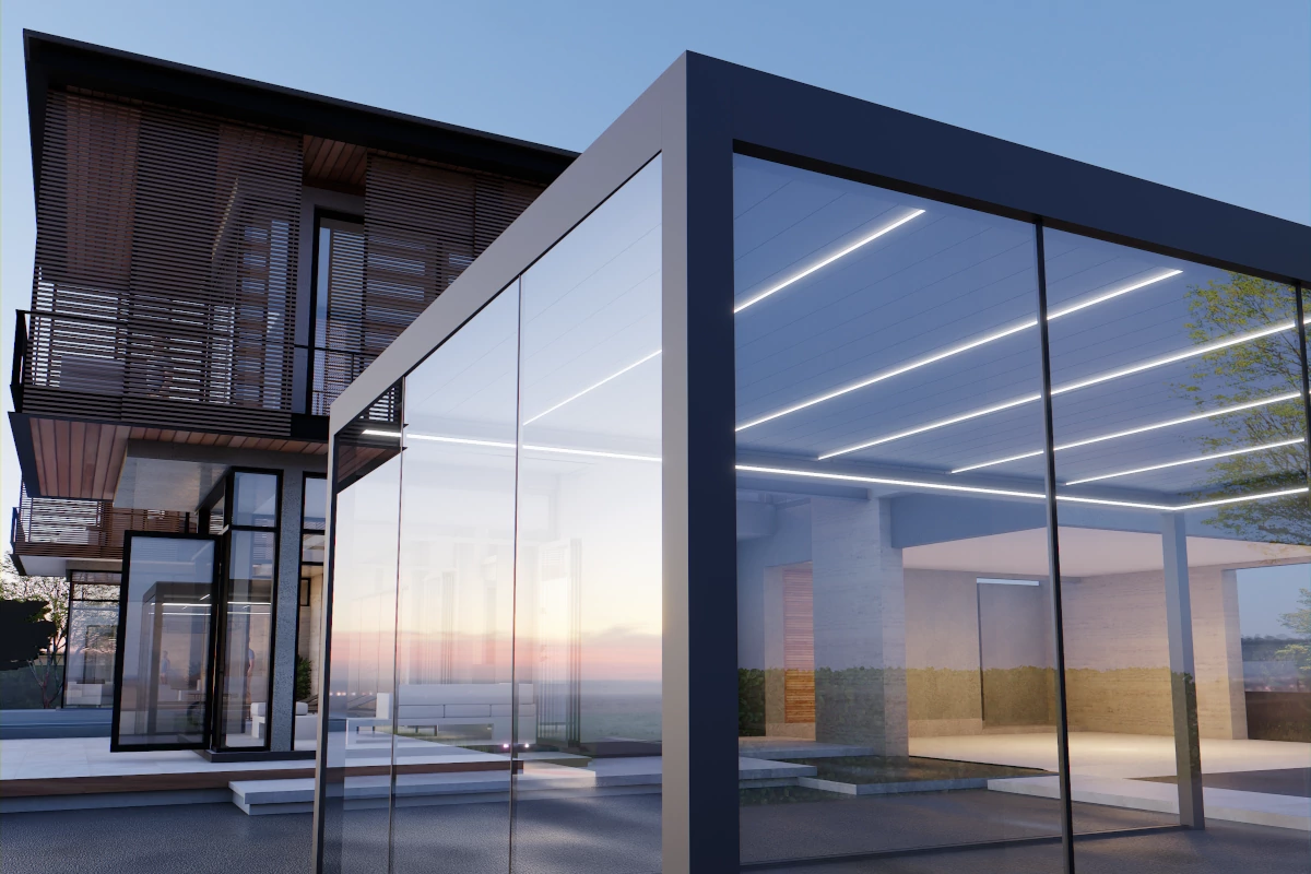Pergolas stiklojums ar WIN GLASS sistēmu — paneļi sabīdīti