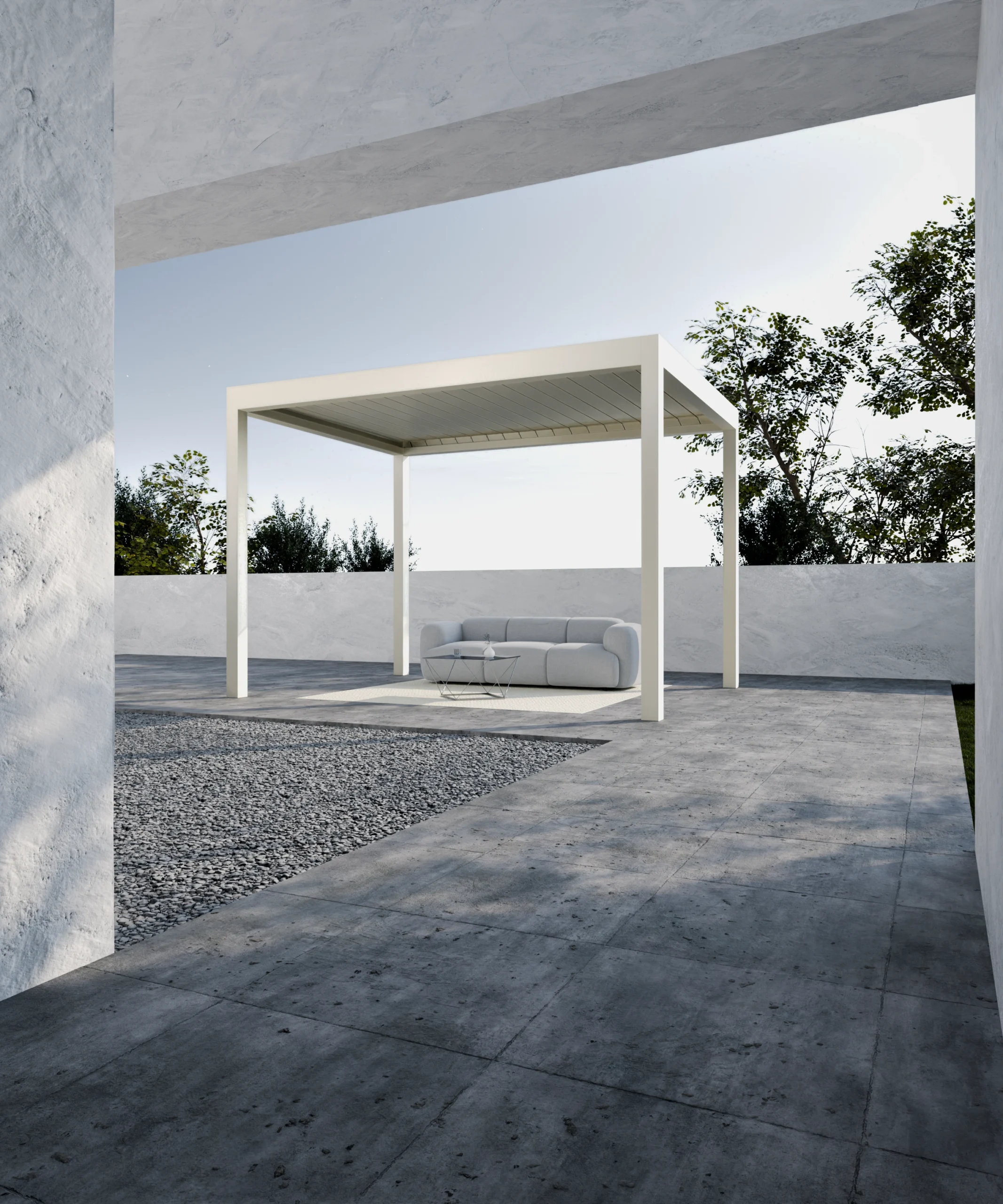 Pergola ar grozāmām lamelēm WIN CLIMATIC S400 lauku mājas terasē