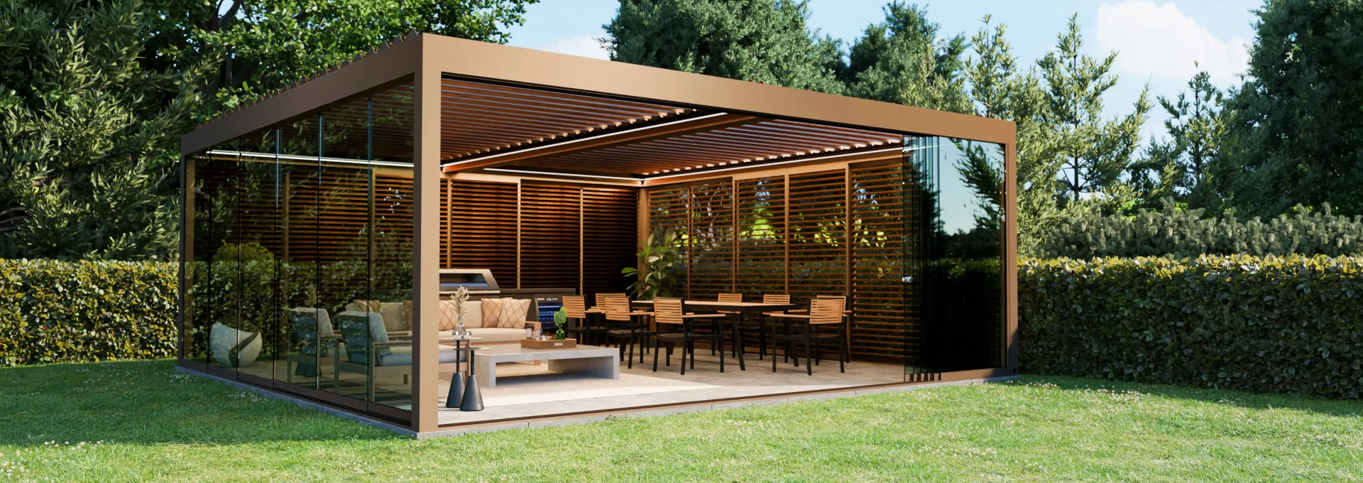 Premium lameļu pergola WIN CLIMATIC S500 pār lielu terasi