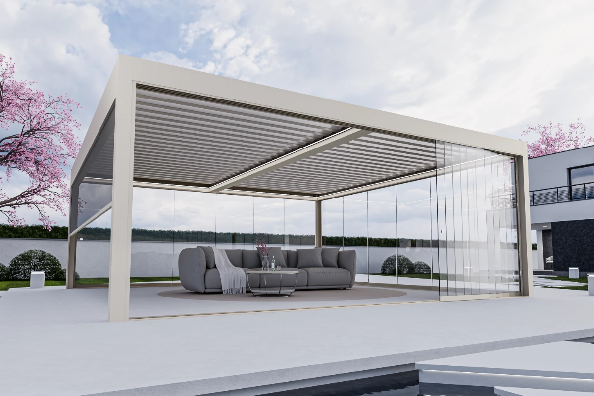 Sunwinner WIN CLIMATIC bioklimatiskā pergola pār terasi