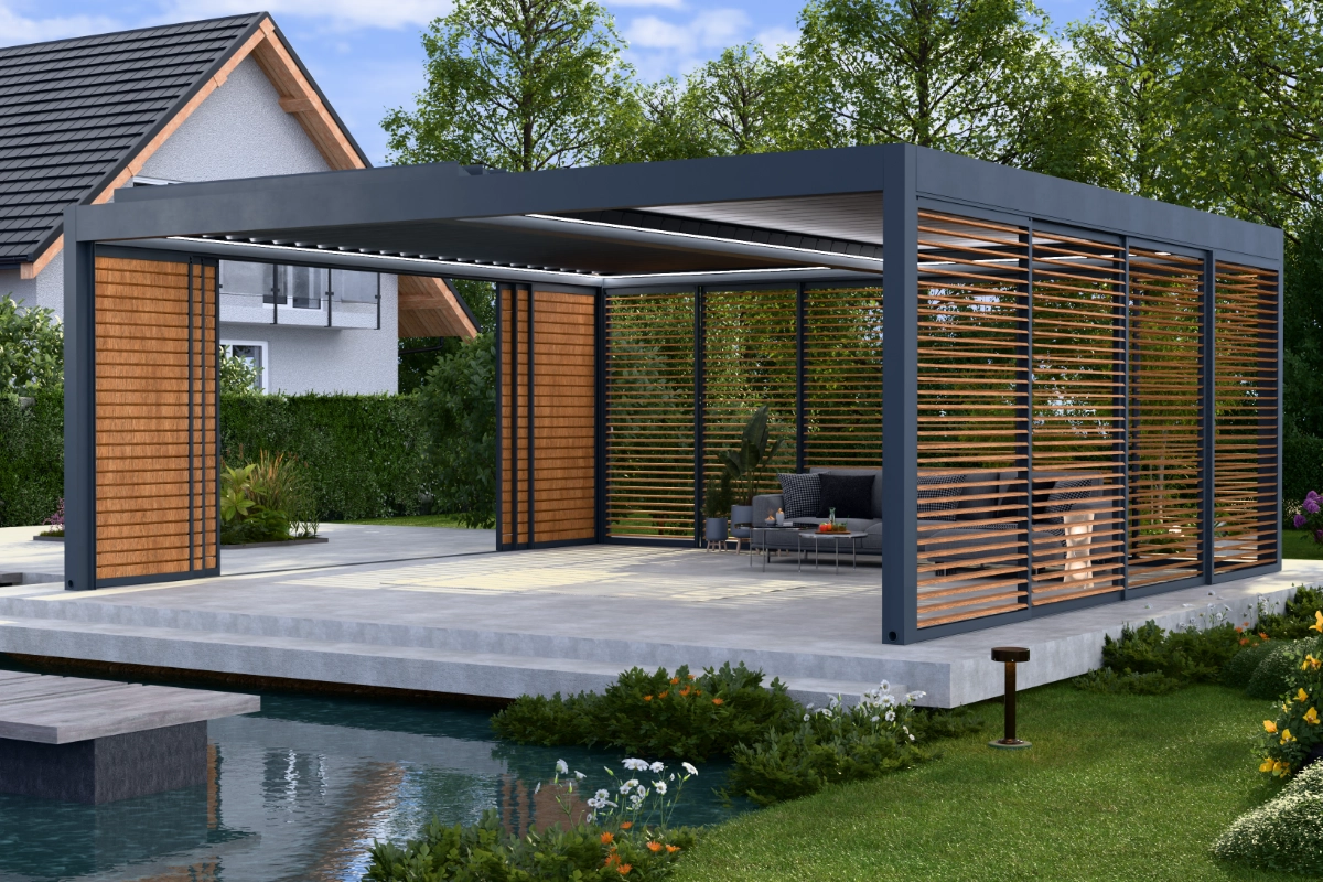 Liela alumīnija Sunwinner S500 pergola pie baseina