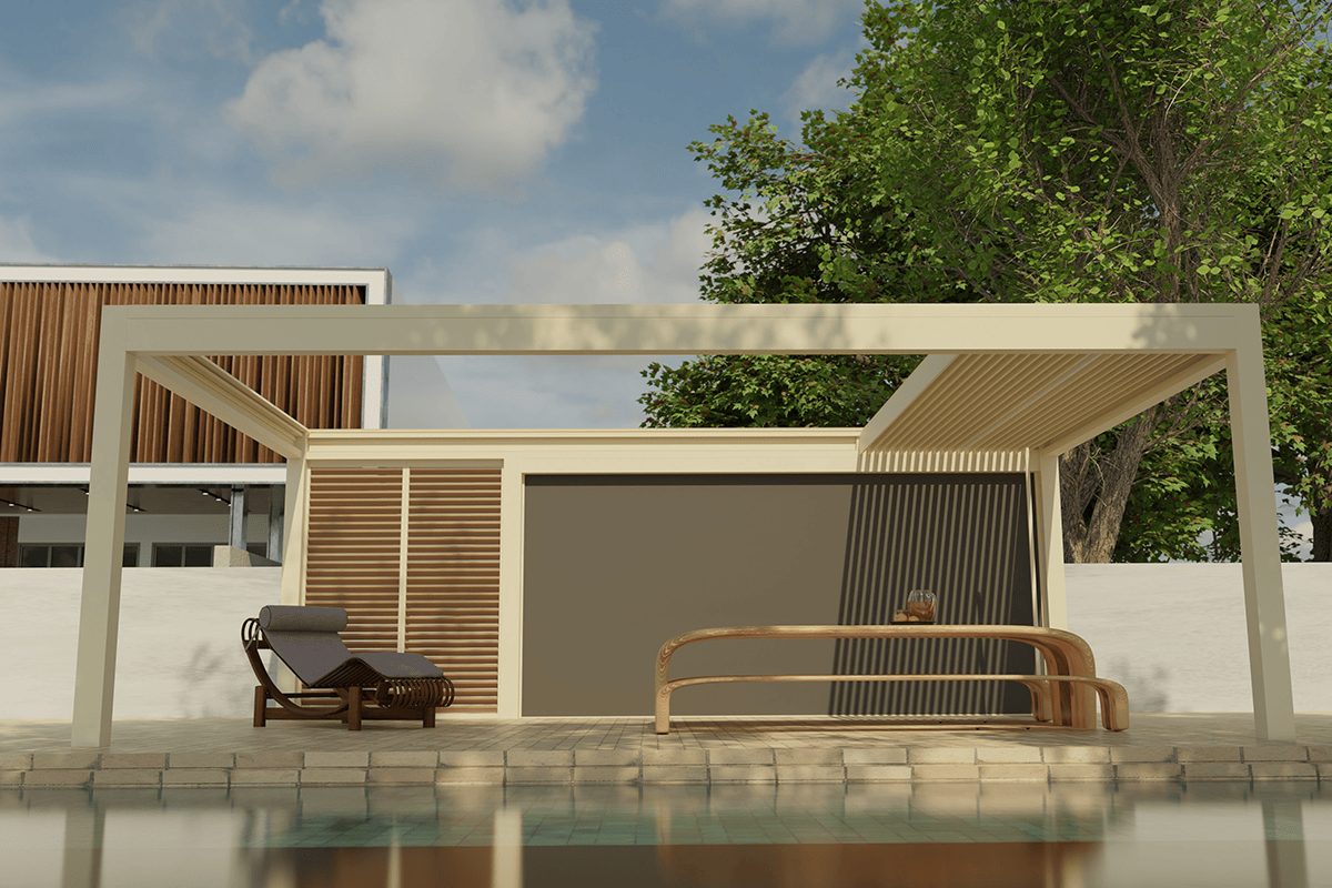 WIN CLIMATIC SLIDE pergola ar sabīdītu lameļu jumtu — vizualizācija