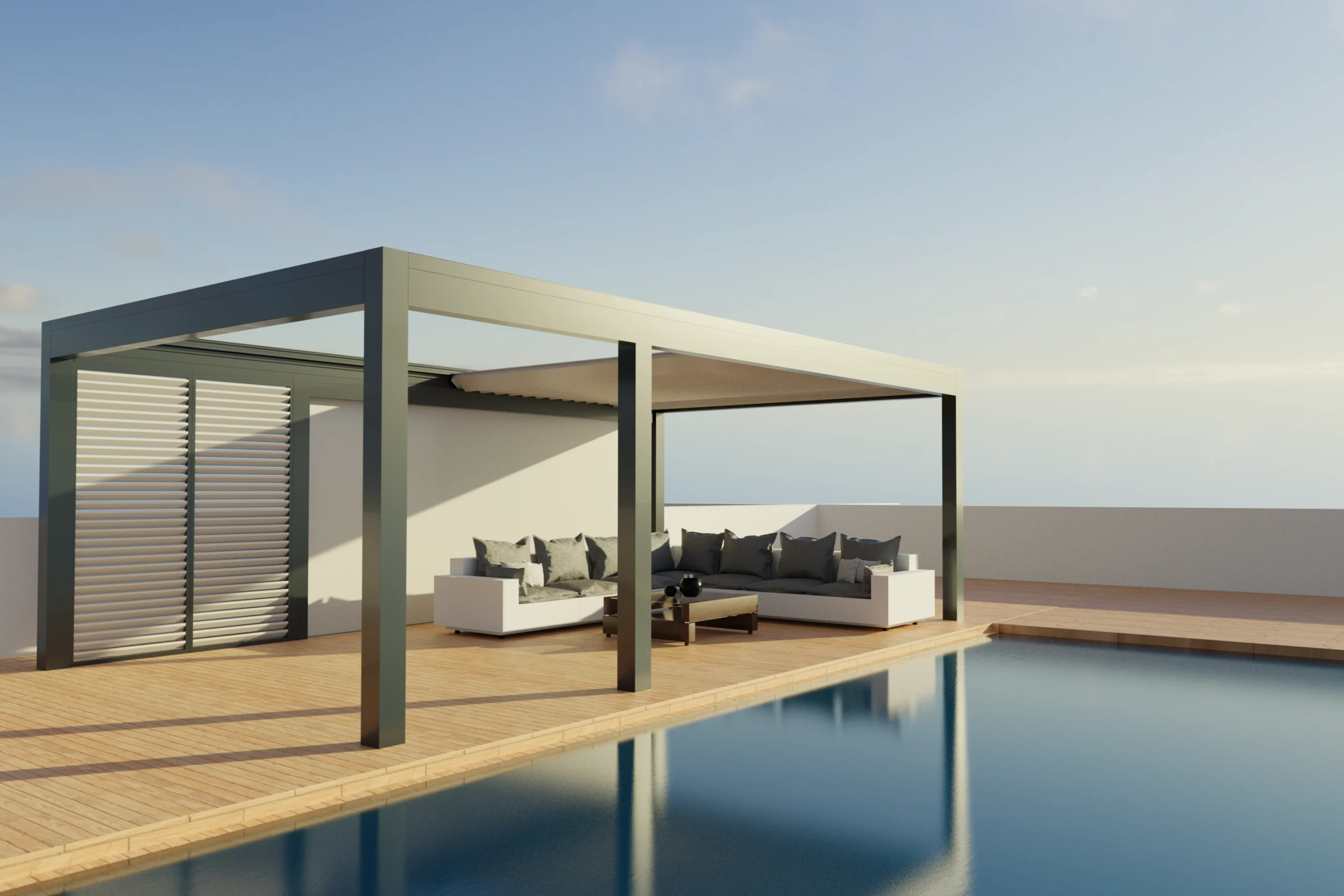 Sunwinner SLIDE pergola ar lamelēm ēnas režīmā