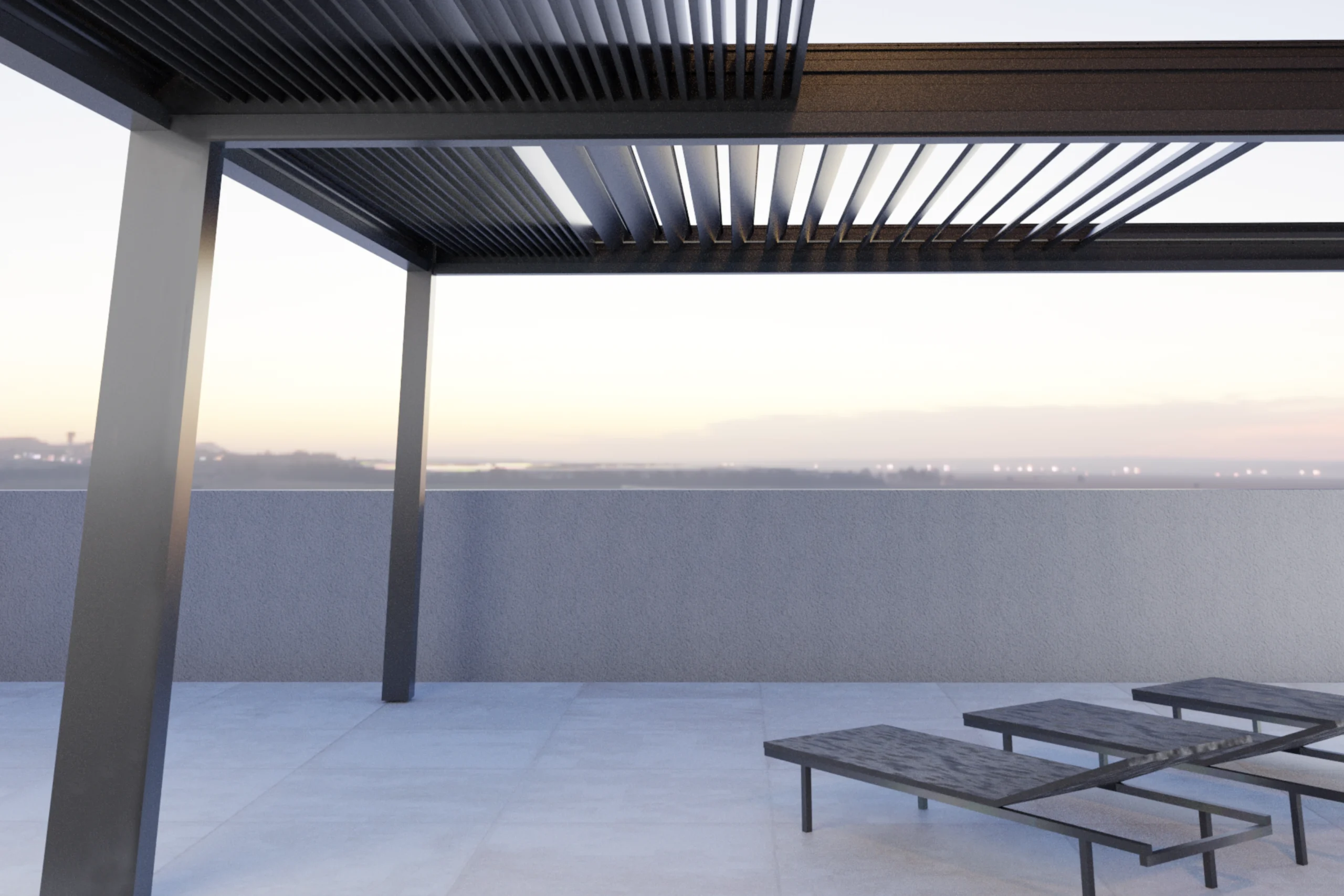 WIN CLIMATIC SLIDE pergola vakarā ar apgaismojumu