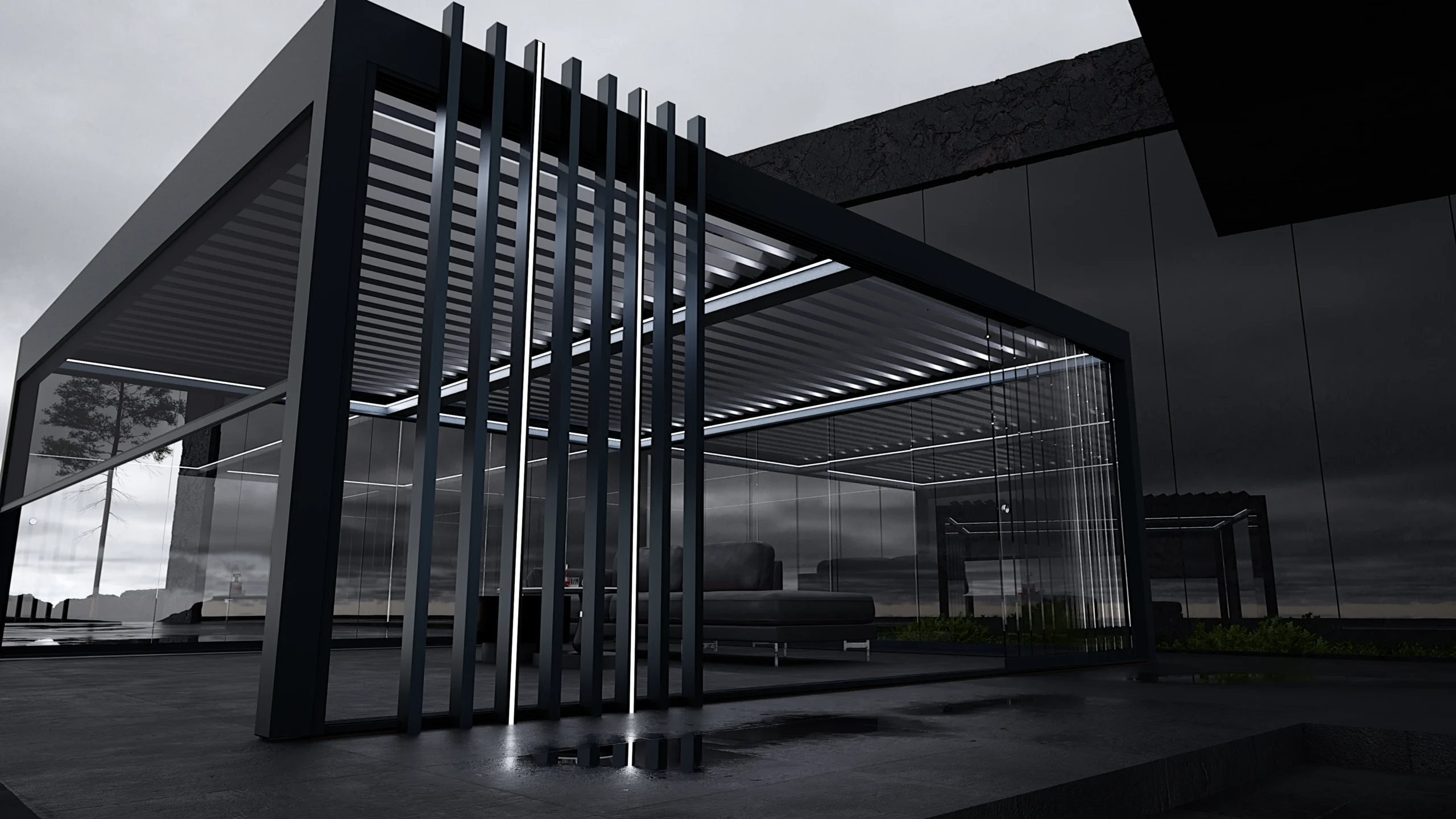 WIN VERTO vertikālās alumīnija lameles uz WIN CLIMATIC pergolas
